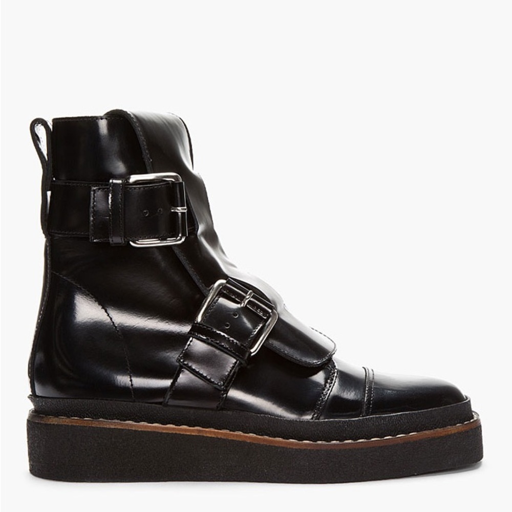 MARNI Black Leather Double Buckle Platform Combat Boots